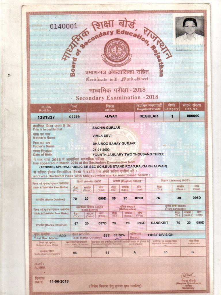 Sachin 10 Matric Marksheet | PDF