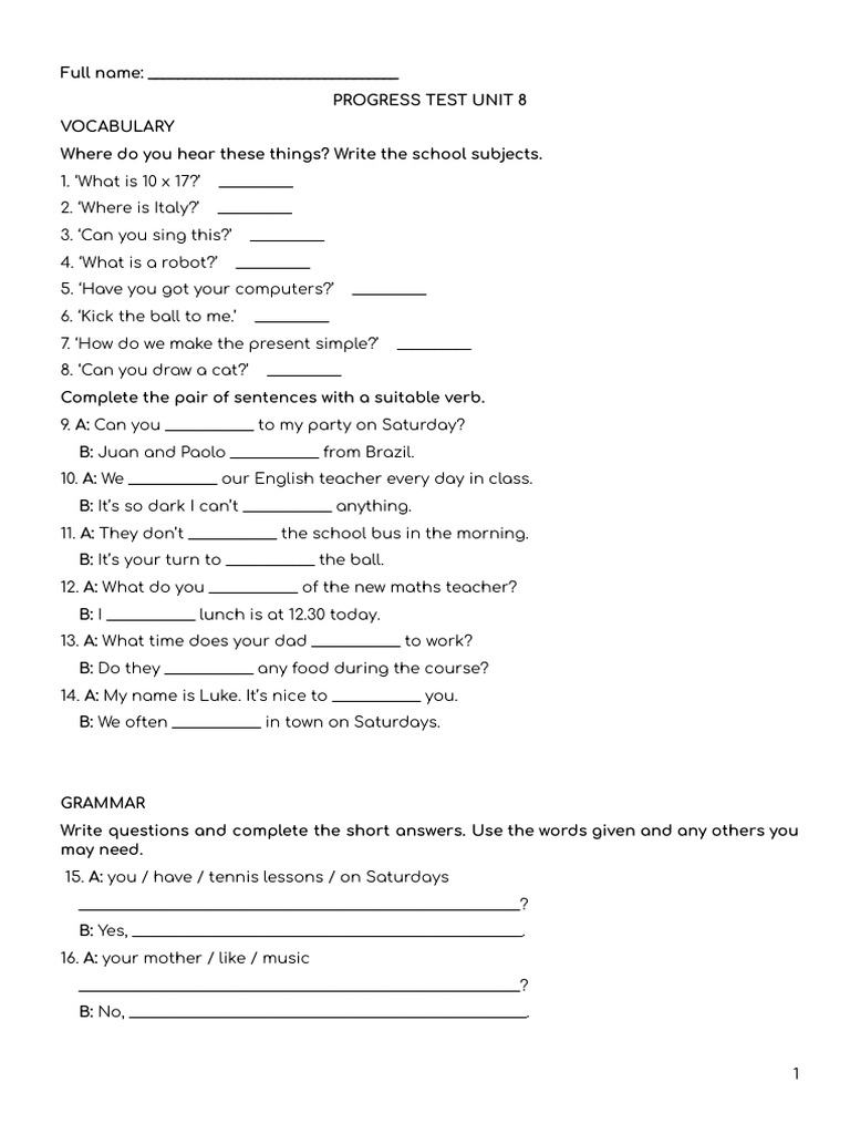 English 7 - Level A1 - Progress Test 25.12.2025 | PDF