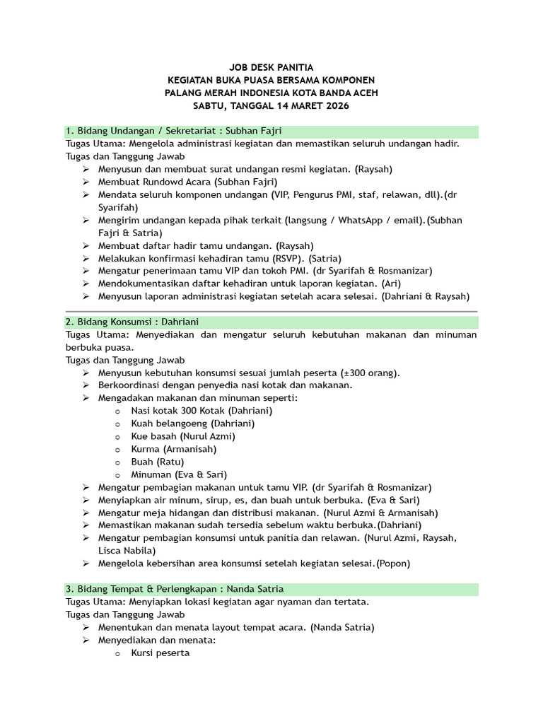 Job Desk Panitia Bukber. | PDF