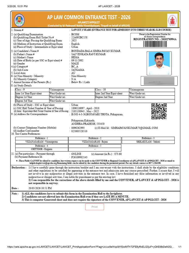 AP Lawcet - 2026 Application Form | PDF