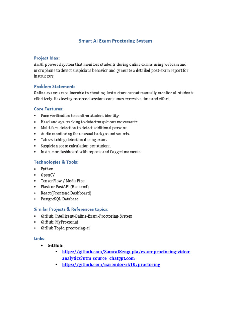 Smart AI Exam Proctoring Project Overview | PDF