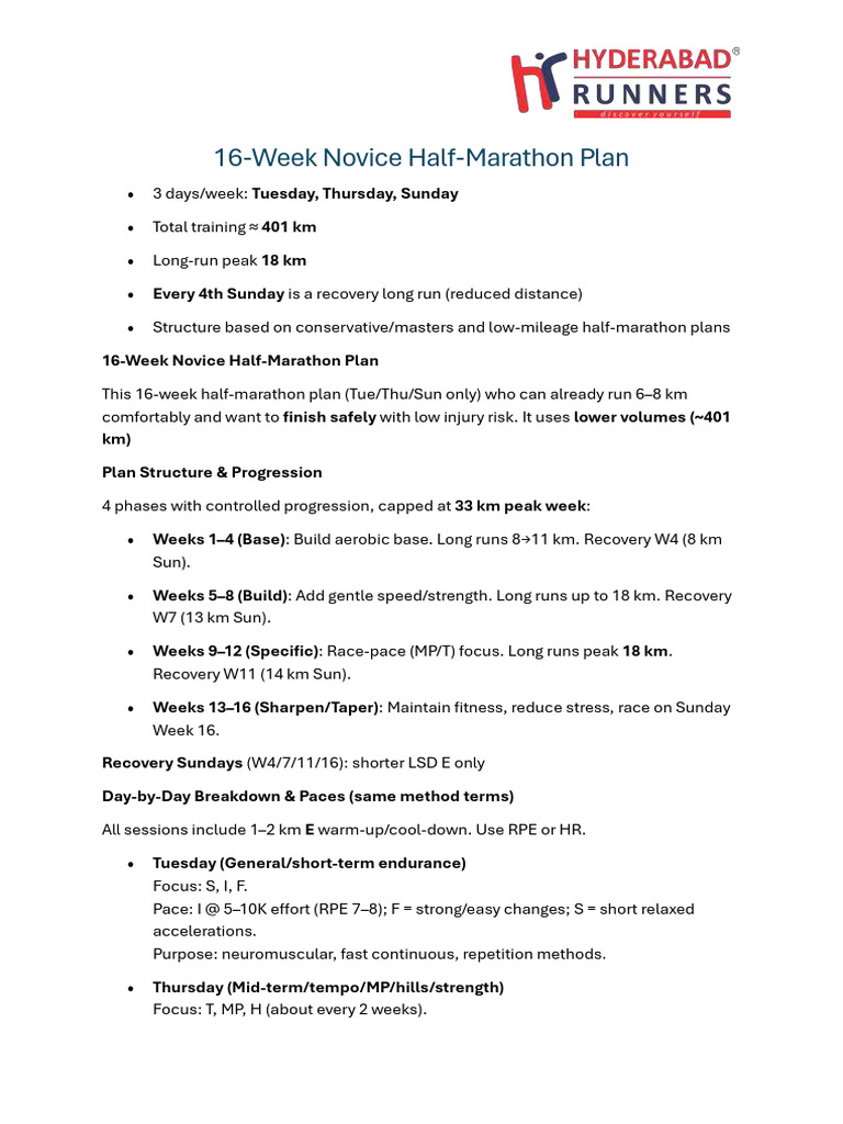 Half Marathon Novice Training Plan | PDF | Physical Exercise | Physical ...