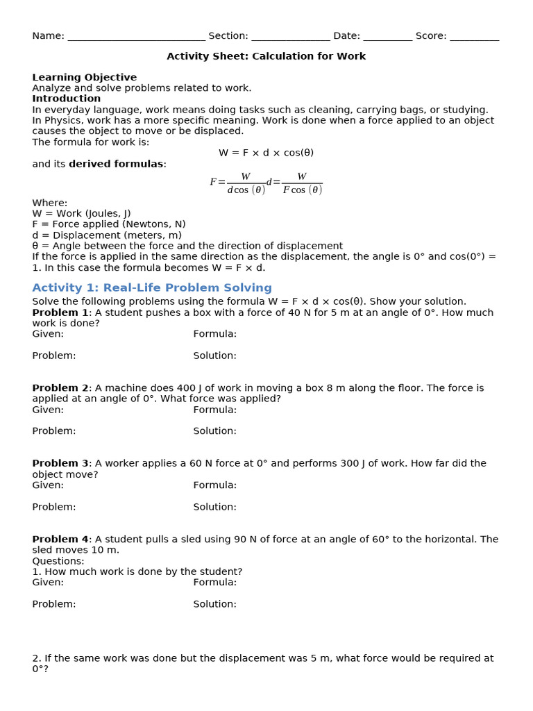 13. CALCULATING WORK | PDF | Force | Angle
