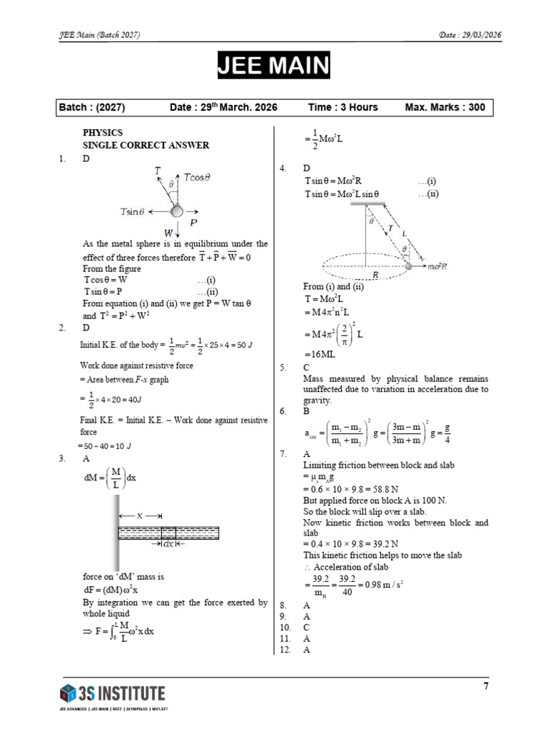 Physics JEE Main 29.03.2026 (Batch 2027)-Sol | PDF | Force | Physical ...