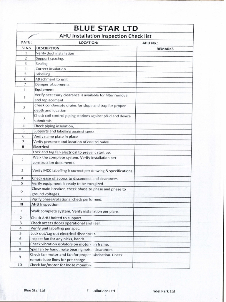AHU Pre Commission Checklist | PDF
