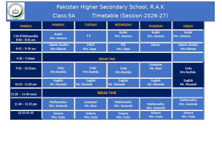Gr 5A First Term Time Table 2026-27 | PDF