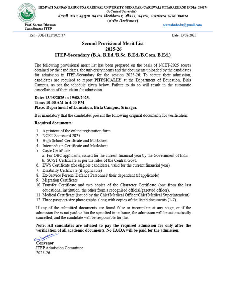 ITEP Second Provisional List | PDF