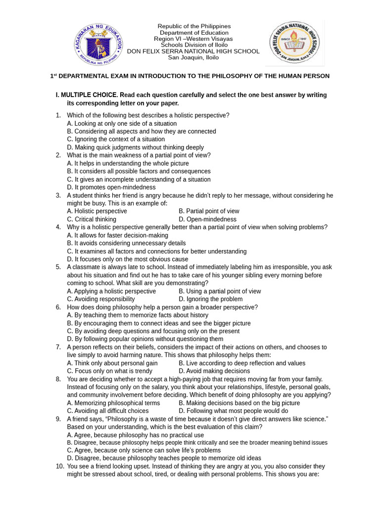 Exam in Philosophy Grade 12 | PDF