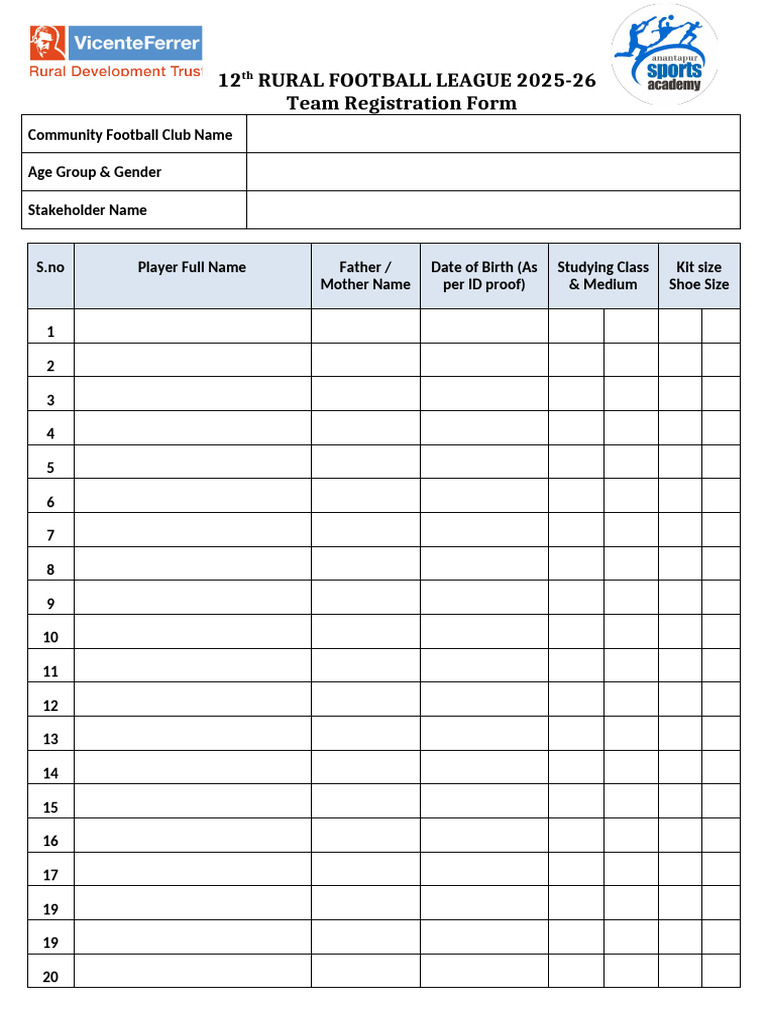 RFL Registration Form 2025-26 | PDF