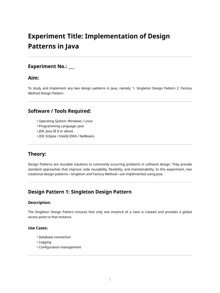 Experiment_ Implementation of Design Patterns in Java | PDF | Java ...