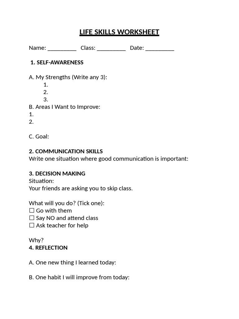 Life Skills Worksheet | PDF