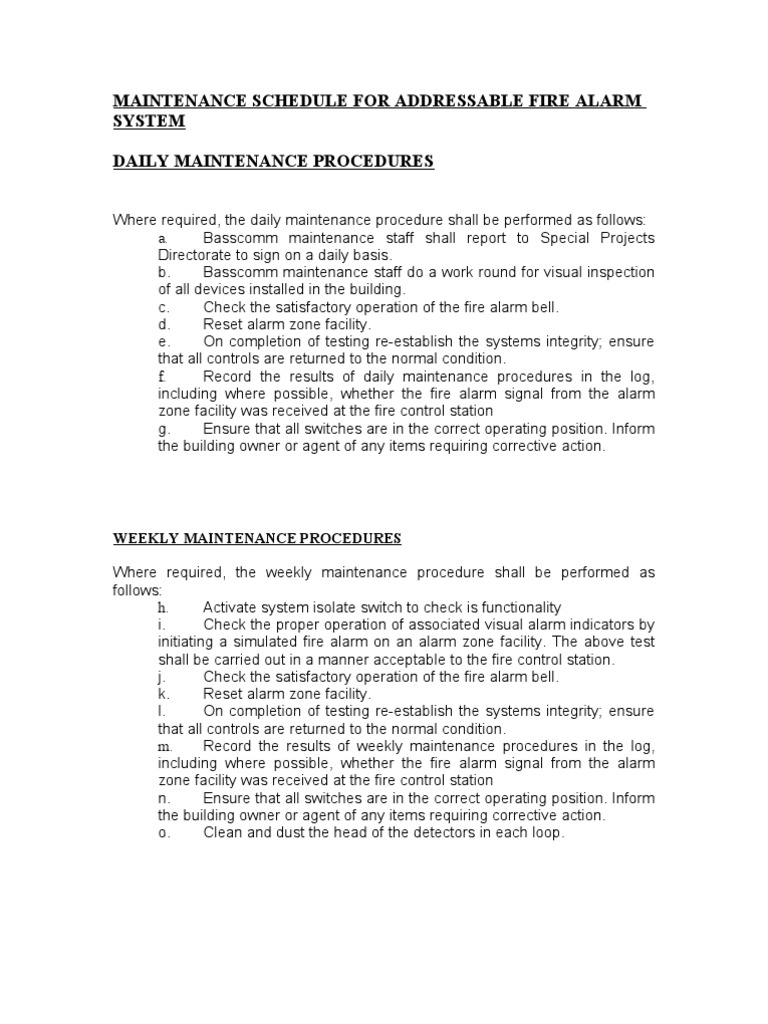 Maintenance Schedule For Fire Alarm Addressable System PDF
