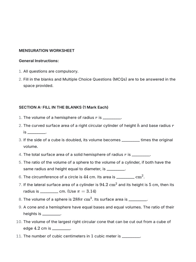 Mensuration Formula Based Worksheet Class 9 | PDF | Sphere | Area