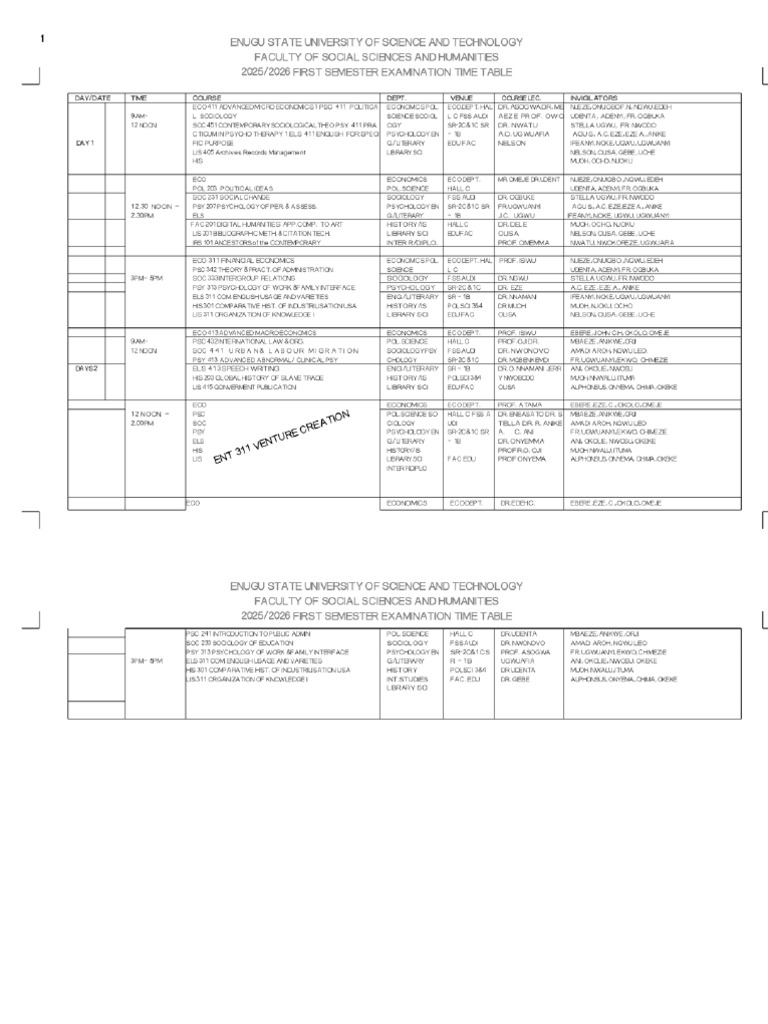 FSSH 2025 -2026 FIRST SEMESTER TIME-TABLE CORRECTED-1_Phoenix | PDF