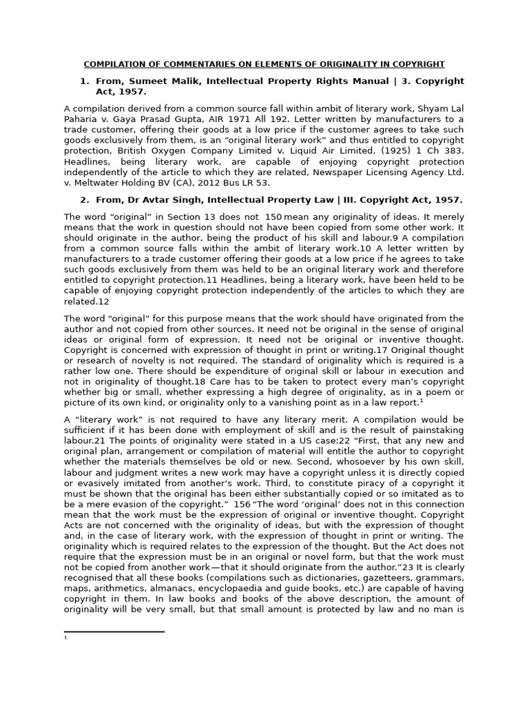 COMPILATION OF COMMENTARIES ON ELEMENTS OF ORIGINALITY IN COPYRIGHT ...