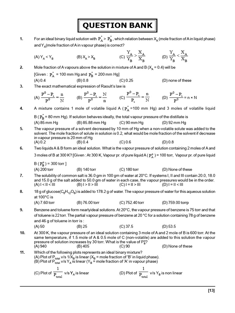 Liquid Solutions Question Bank | PDF | Physical Chemistry | Chemistry