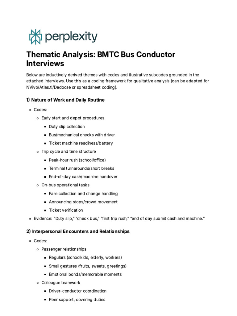 Thematic Analysis - BMTC Bus Conductor Interviews | PDF | Conductor (Rail)