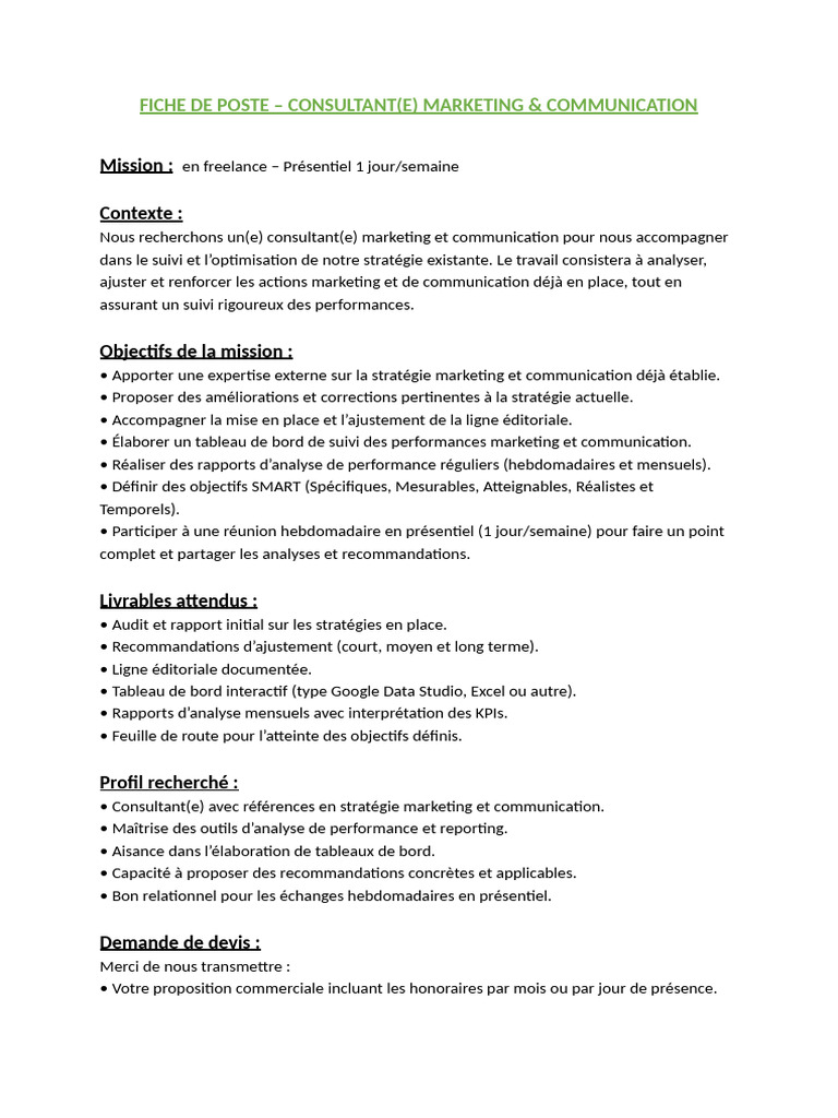 FICHE de POSTE Consultant Marketing | PDF