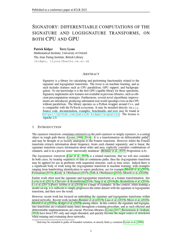 Signatory- Differentiable Computations of the Signature and ...