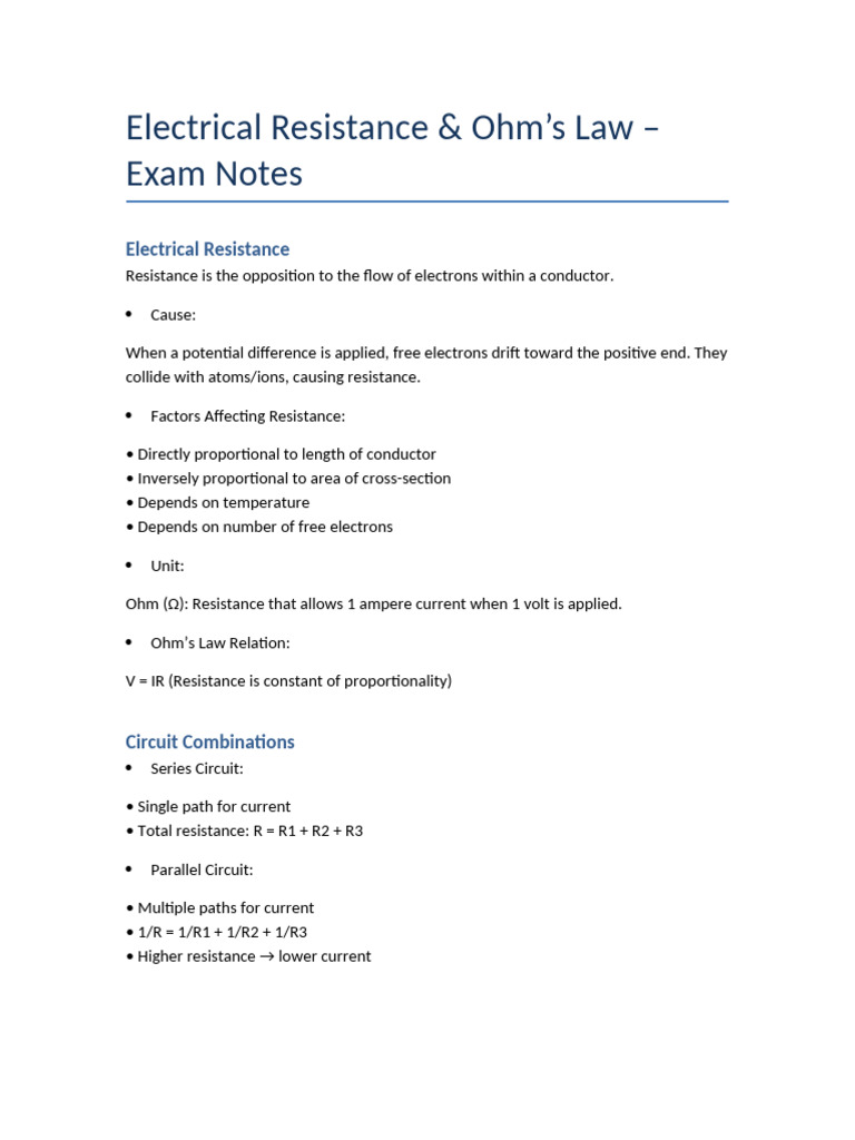 Electrical Resistance Ohms Law Notes-1 | PDF