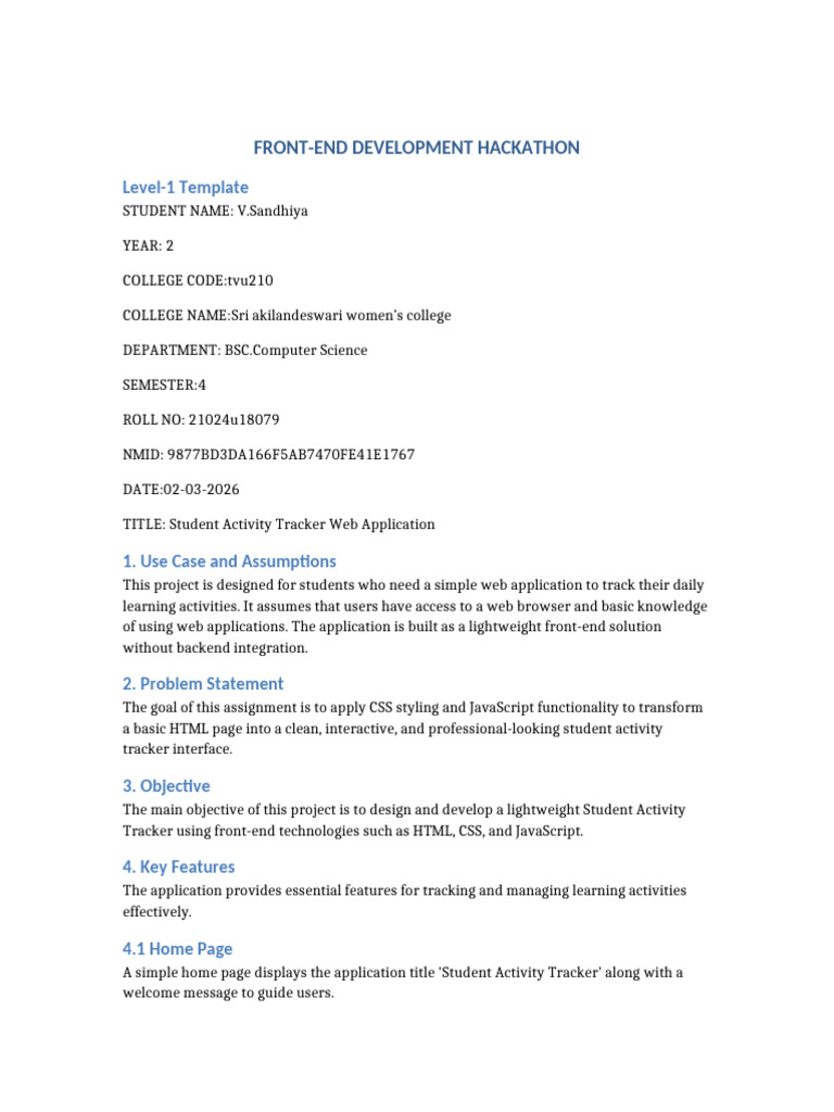 Front End Development Hackathon Level 1 Student Activity Tracker4 | PDF ...