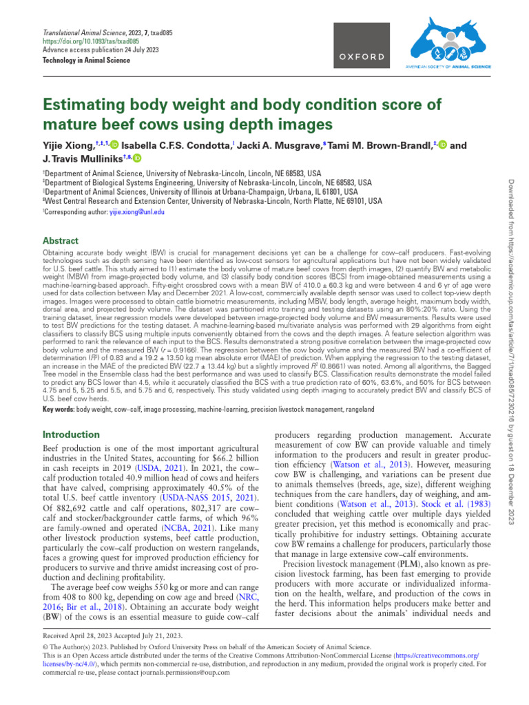2023 - Estimating Body Weight and Body Condition Score of Mature Beef ...