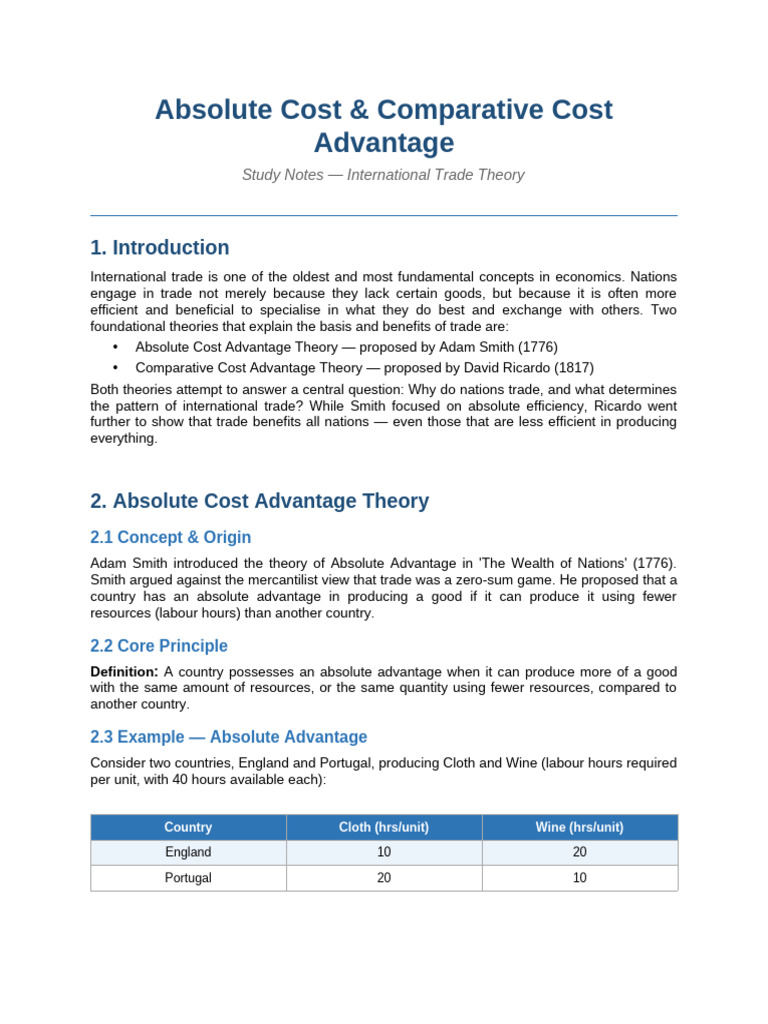 Cost Advantage Theory Notes | PDF | Comparative Advantage | Trade