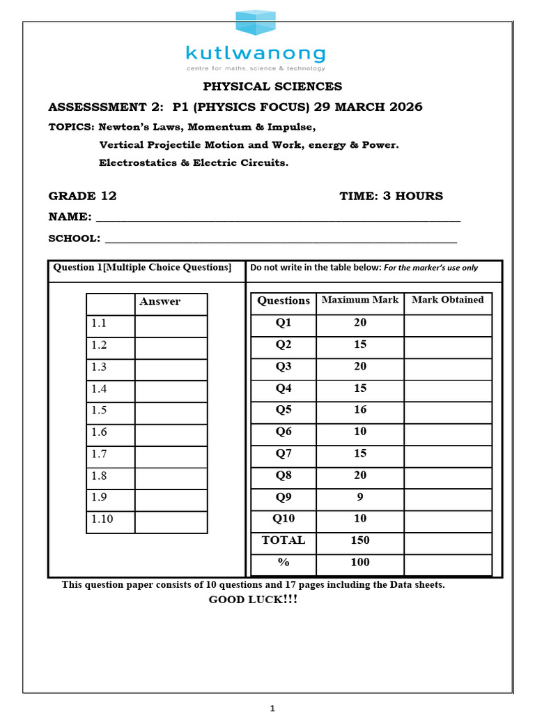Promath Gr 12 Physical Sciences Assessment 2 (29 March 2026) | PDF ...