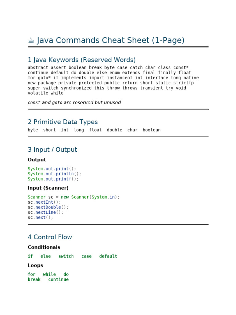 Java Commands Cheat Sheet (1 Page) | PDF