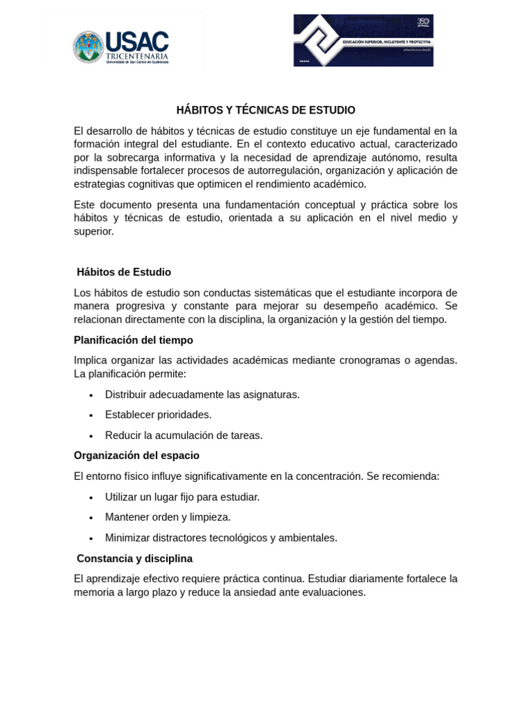 Hábitos y Técnicas de Estudio | PDF | Habilidades de estudio | Aprendizaje