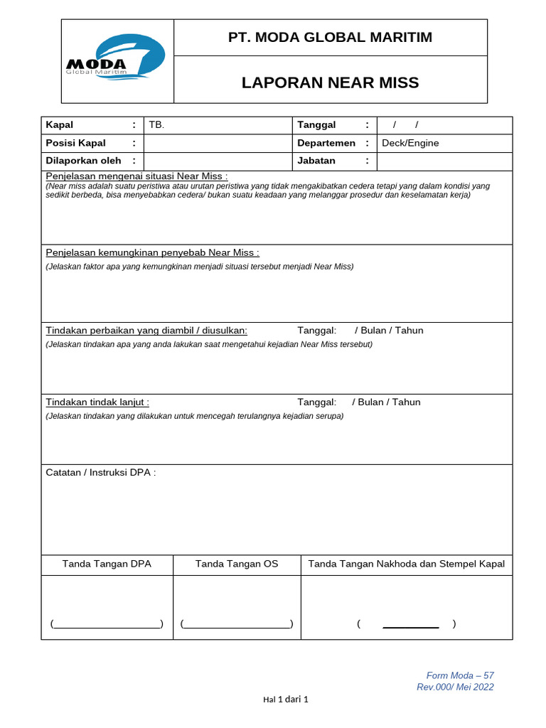 Form Moda-57 Laporan Near Miss (New Form) | PDF