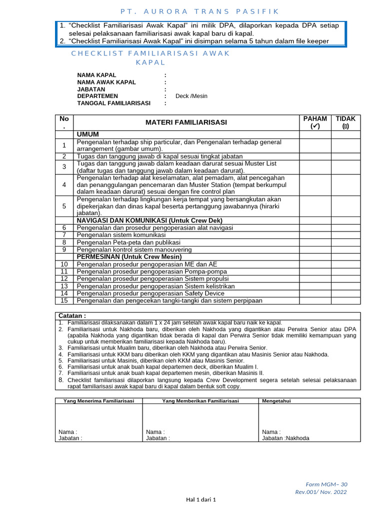 Form Atp-30 Checklist Familiarisasi Awak Kapal ( Revisi ) | PDF