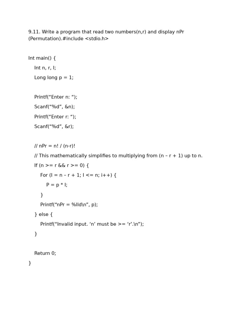 9.11. Write A Program That Read Two Numbers (N, R) and Display NPR ...