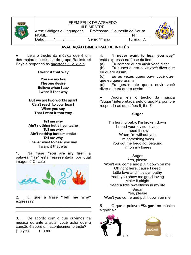 Avaliação Bimestral de Inglês 1º Ano - Felix de Azevedo | PDF | Música ...
