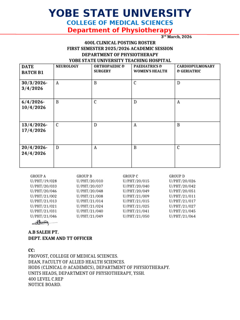 400L CLINICAL ROSTER BATCH B ROTATION | PDF | Physical Therapy | Health ...