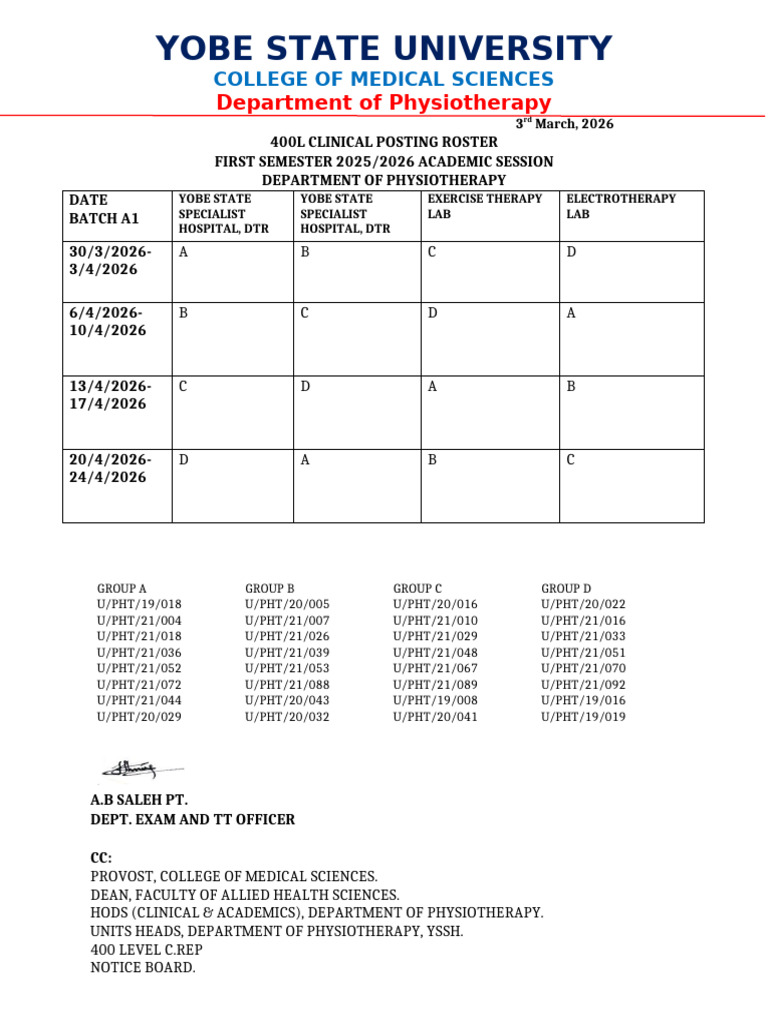 400L CLINICAL ROSTER BATCH A ROTATION | PDF