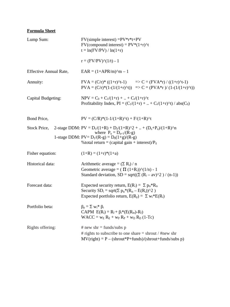 Formula Sheet BF | PDF