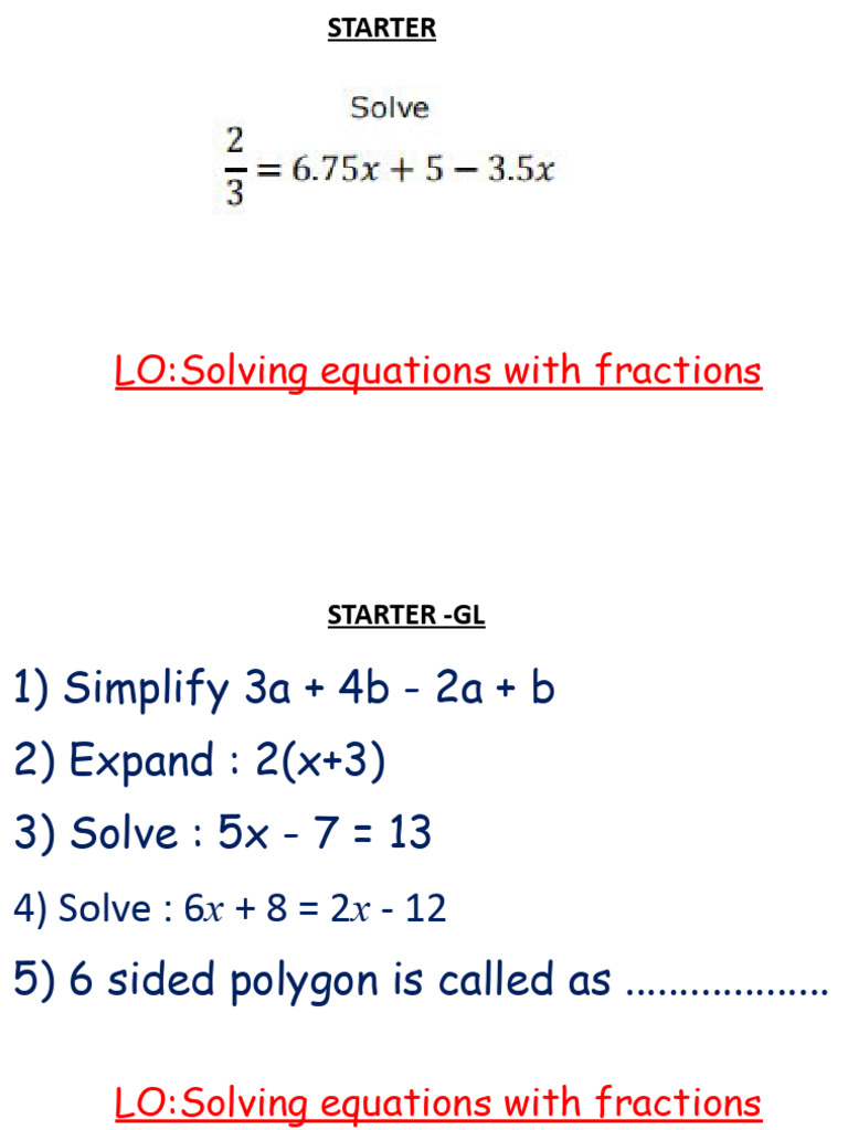 Lesson 6 - Equations with fractions.pptx | PDF | Equations | Algebra