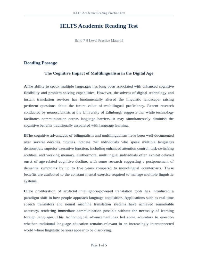 IELTS Reading Test | PDF | Multilingualism | Cognition