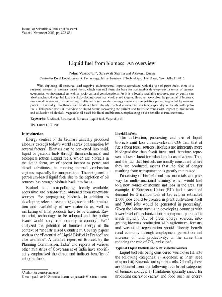 Liquid Fuel From Biomass an Overview | PDF
