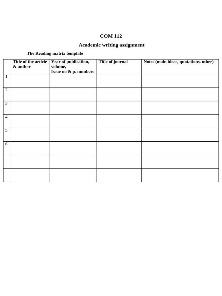 Com 112 - The Reading Matrix Template - 2026 | PDF