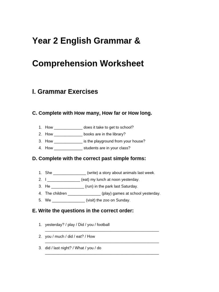 Year 2 English Grammar & Comprehension Worksheet | PDF | English ...