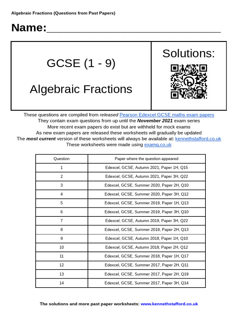 Algebraic Fractions Past Paper Questions | PDF | Student Assessment And ...