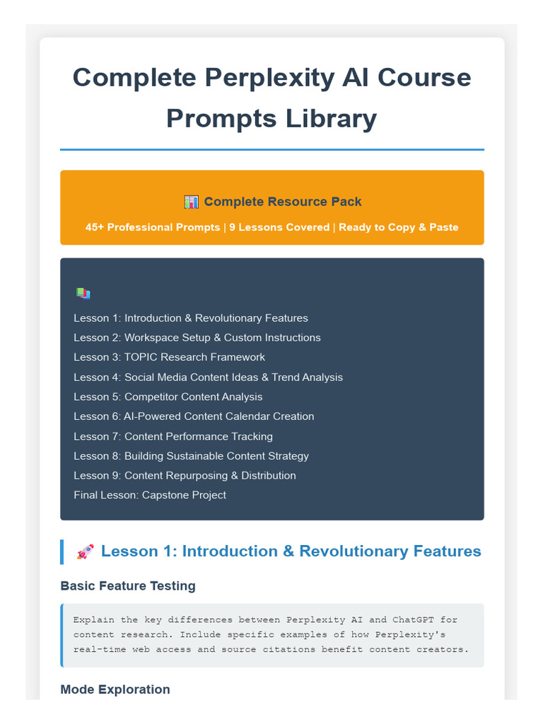 Complete Perplexity AI Course Prompts Library.pdf | PDF