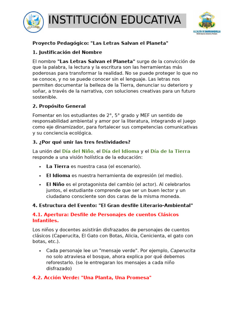 Proyecto Pedagógico Las Letras Salvan El Planeta. | PDF