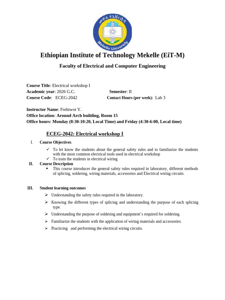 Frehiwot Y. Course Outline & Plan | PDF | Electrical Wiring | Switch