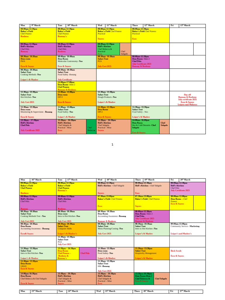 Revised Student Schedule March | PDF | Chef | Cooking