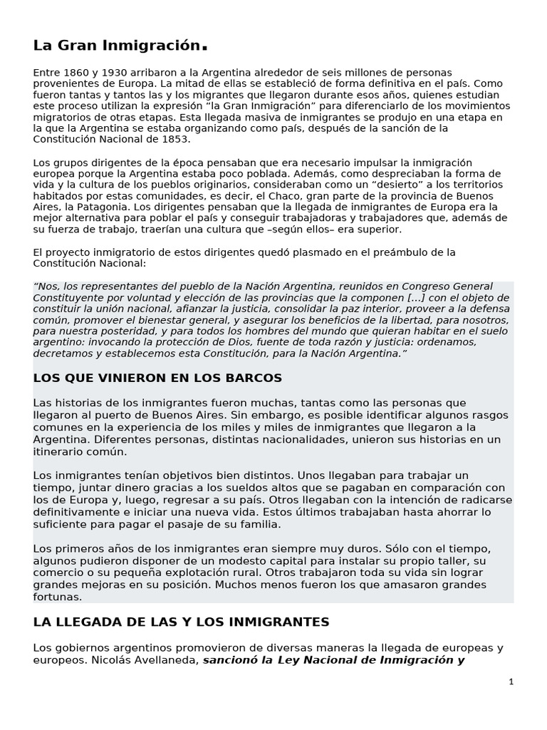 La Gran Inmigración | PDF | Inmigración | Argentina