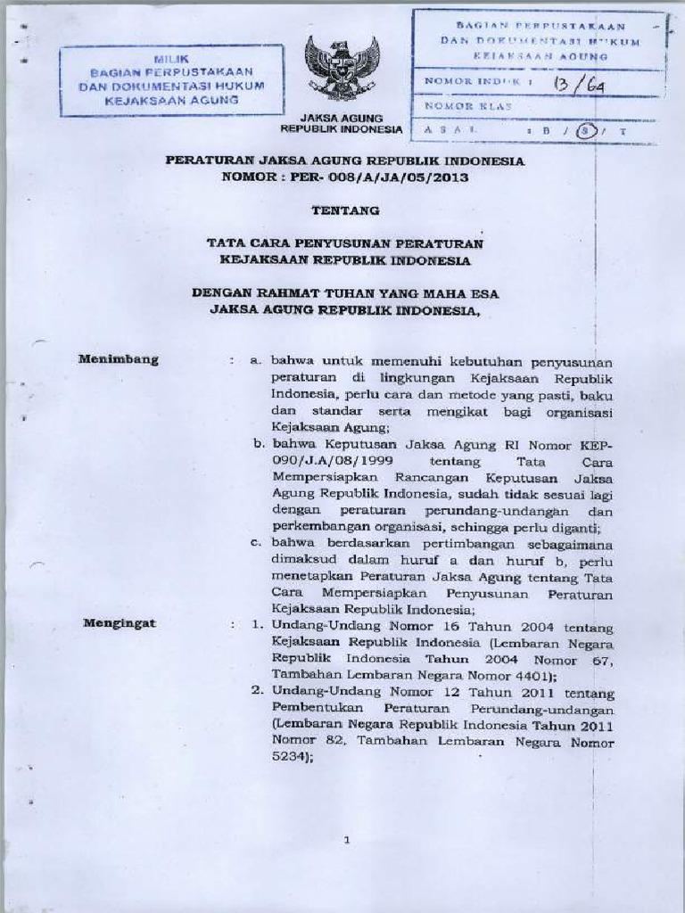 Perja 008 Tata Cara Penyusuanan Peraturan Kejaksaan | PDF