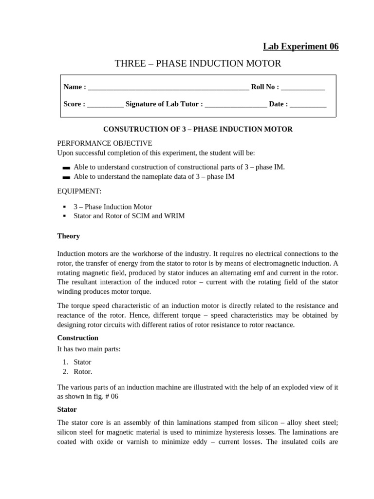 LAB EXP NO. 06 3 - PHASE INDUCTION MOTOR CONSTRUCTIONAL PARTS | PDF ...